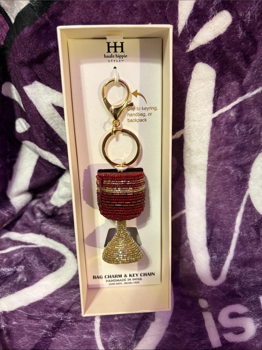 Haute Hippie Red & Gold Beaded Wine Goblet Bag Charm